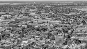 El paisaje urbano de Charleston visto desde arriba con techos apretados y calles arboladas en monocromo.