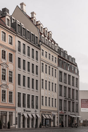 Vertical colour photograph of Dresden’s closely spaced historic facades