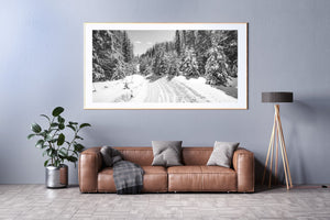 Eine weite monochrome Winterlandschaft folgt einem ruhigen Schneemobilweg in Ontario