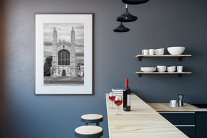 Monochrome view of King’s College Chapel beneath cloudy skies
