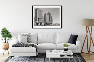 Monochrome Lower Manhattan architecture viewed from across river water
