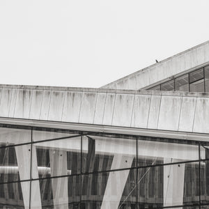 Small bird perched above the angular rooflines of the Oslo Opera House