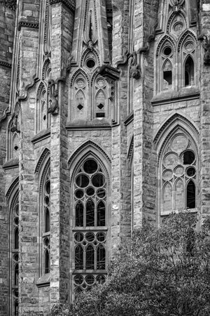 Pointed arched windows and carved stonework at Sagrada Familia