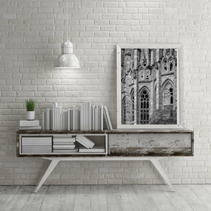 Monochrome architectural detail of ornate Barcelona basilica windows