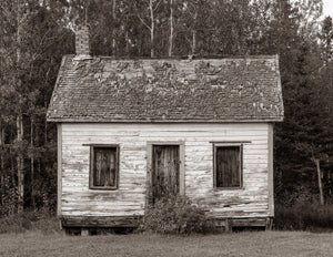 Cabaña de madera abandonada con pintura blanca descascarada junto a un denso bosque.